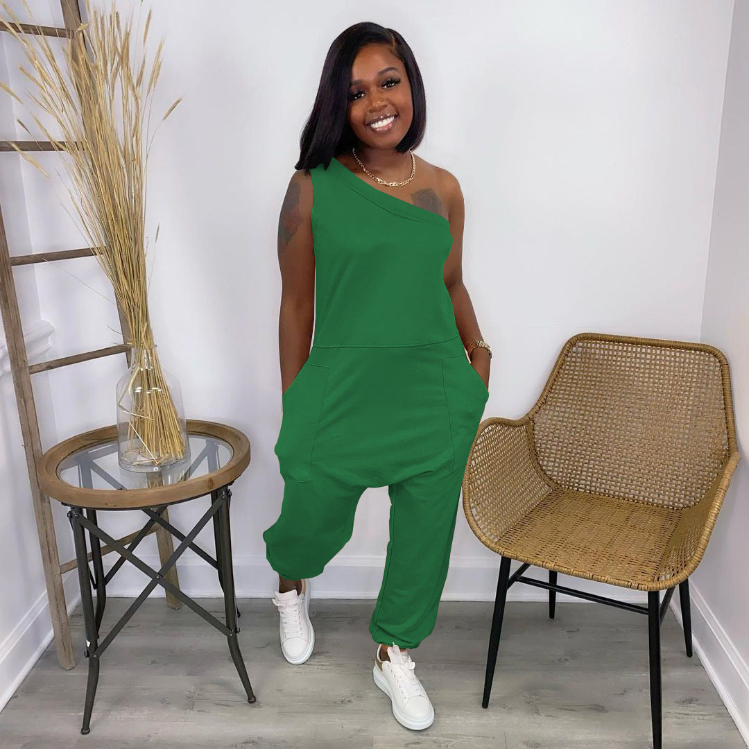 Women's Loose Street Sloping-shoulder Off The-shoulder Pocket Long Sports Jumpsuit