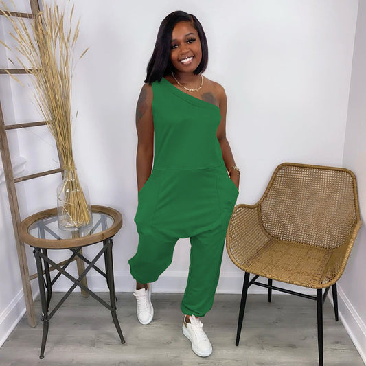 Women's Loose Street Sloping-shoulder Off The-shoulder Pocket Long Sports Jumpsuit