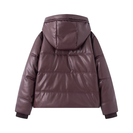 Thickened Warm Hooded Faux Leather Padded Cotton Coat For Women