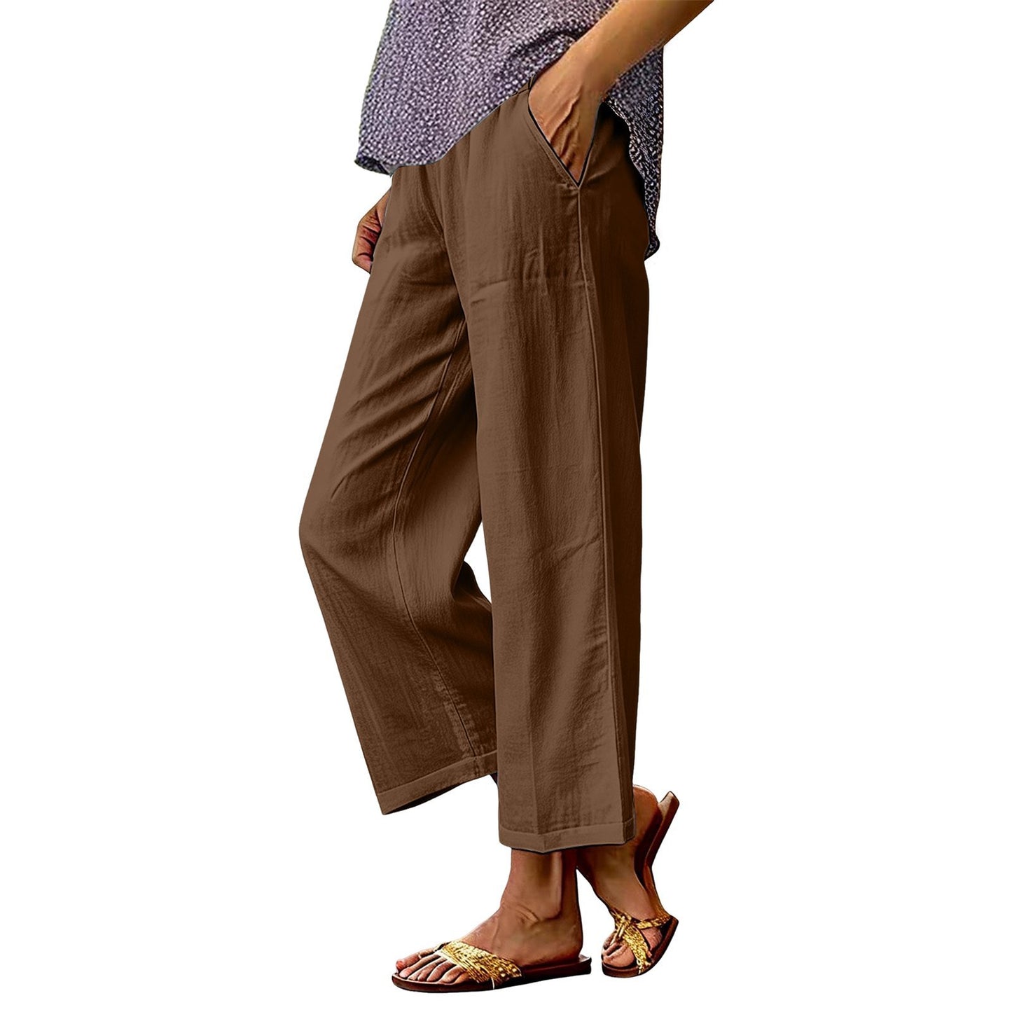 Womens Solid-Color Cotton-Linen Loose-Fit Wide-Leg Casual Pants