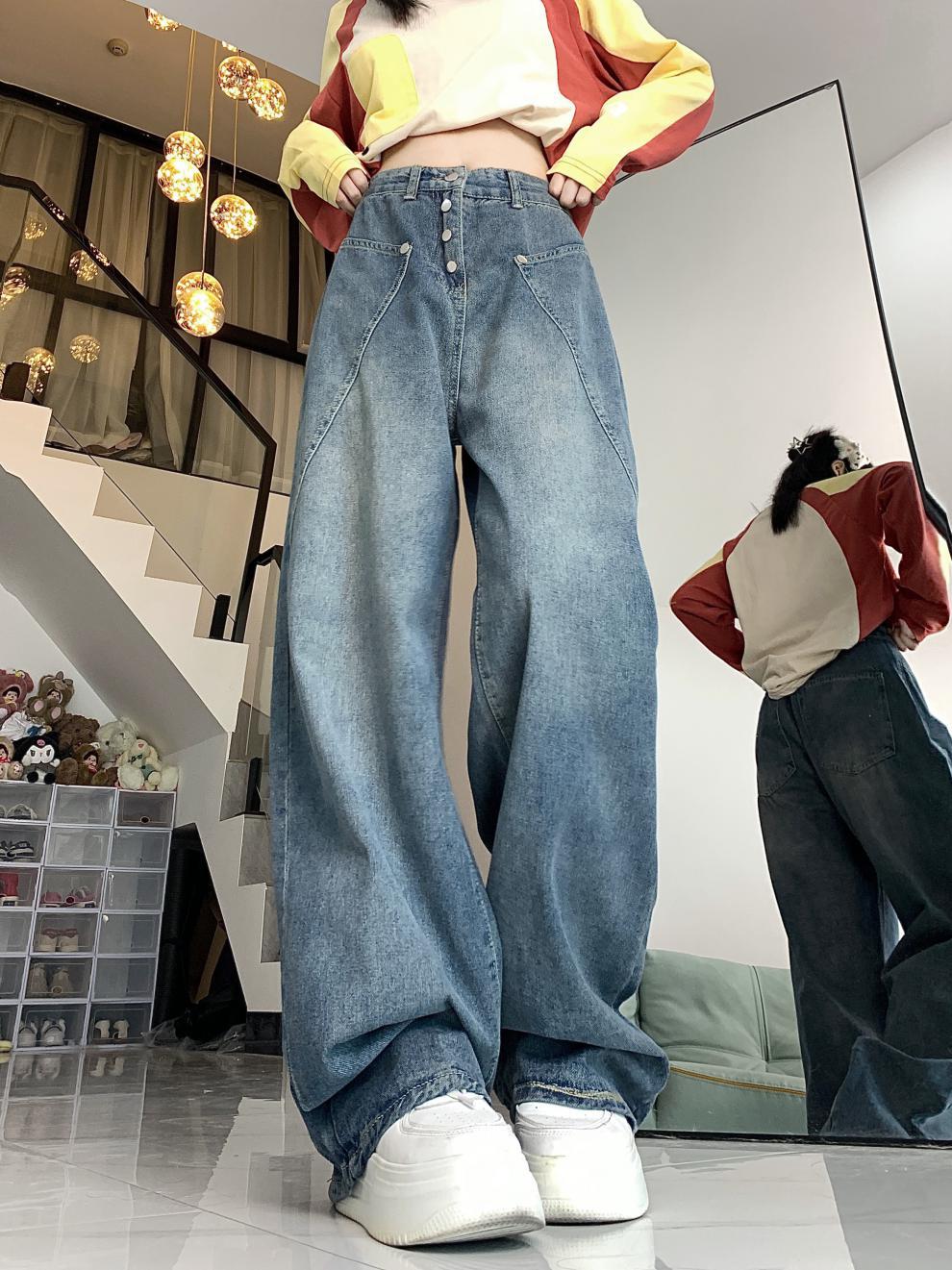 Retro Washed Worn Jeans Slimming And Straight Bootleg Pants