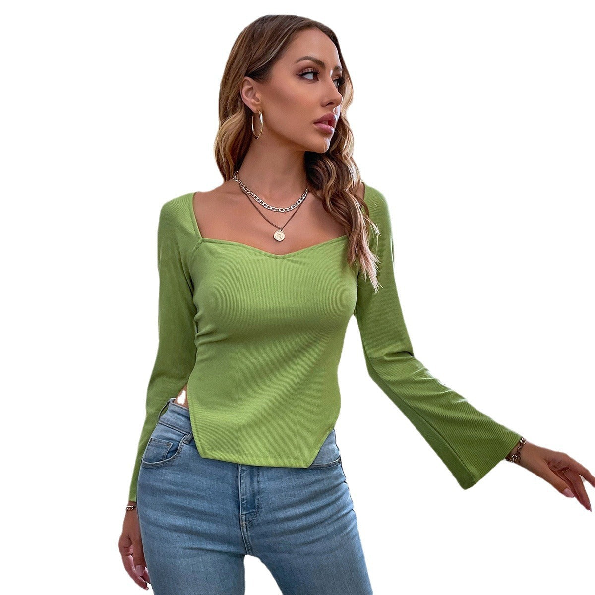 Elegant Slim-fit Langærmet Top til Kvinder med Uregelmæssige Flæseærmer