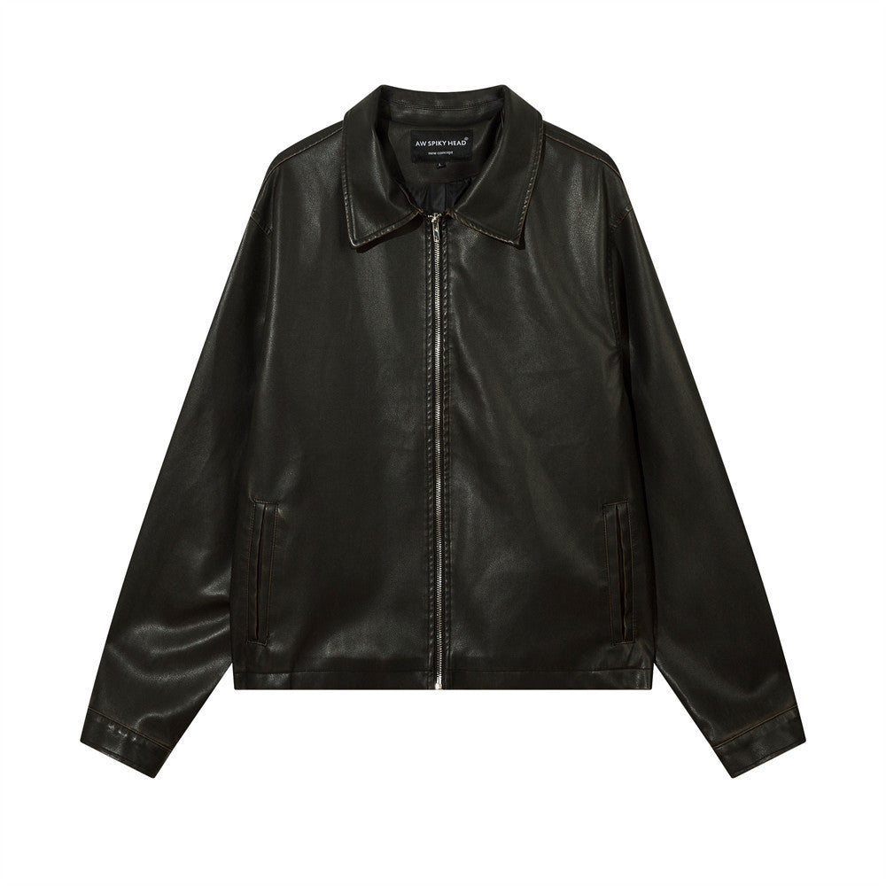 Solid Color PU Leather Coat Men