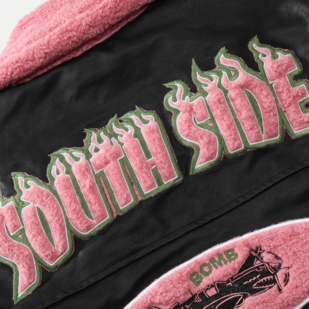 Flame Letter Flocking Embroidery Motorcycle PU Leather Jacket Men's Color Contrast Patchwork Fur Lapel Leather Coat
