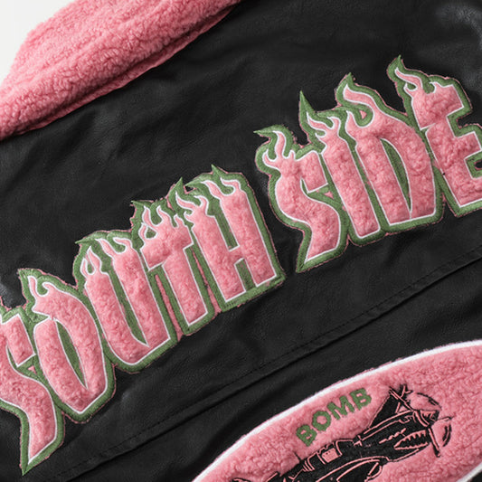 Flame Letter Flocking Embroidery Motorcycle PU Leather Jacket Men's Color Contrast Patchwork Fur Lapel Leather Coat