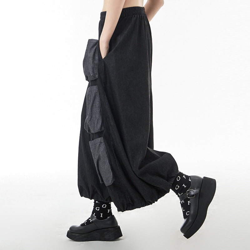 Retro Hong Kong Style Color Contrast Patchwork Wide-leg Jeans High Waist Slimming Casual Straight-leg Cropped Pants