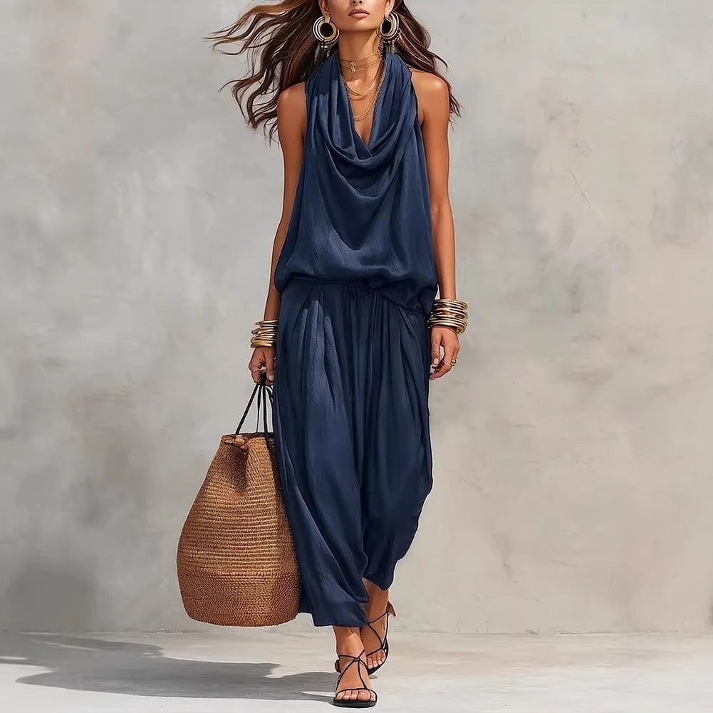 Womens Draped-Neck Vest And Casual Pants Set