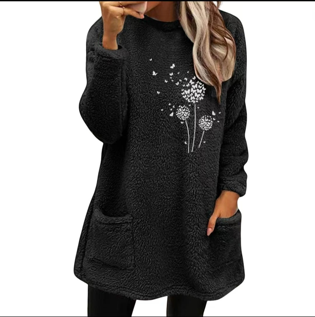 Plant Print Double-sided Velvet Pocket Round Neck Sweater