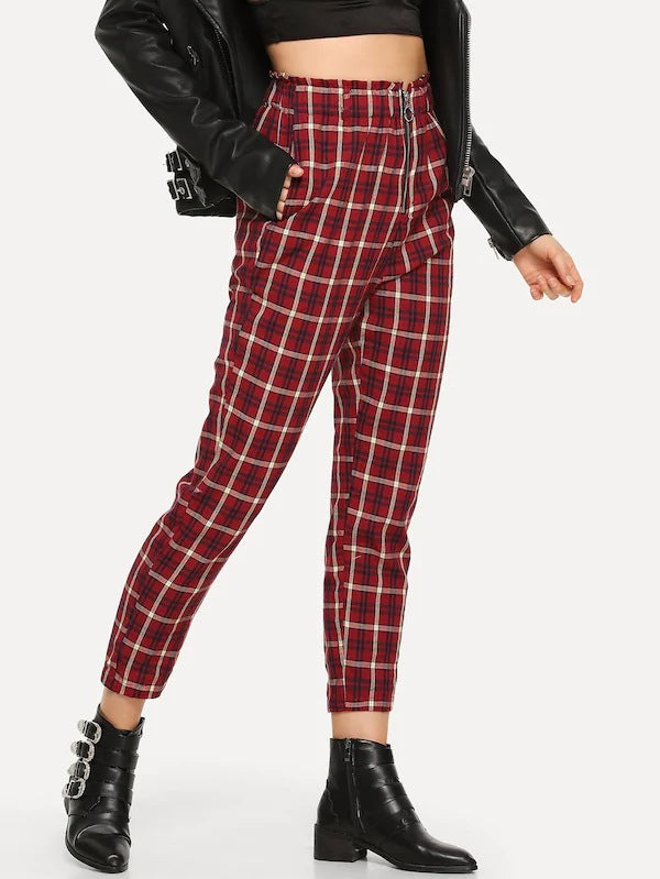 Plaid leaky zipper slacks