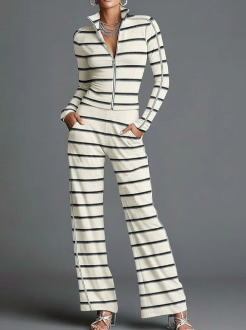 Sporty Retro Off White Striped Knit Zipper Top And Wide Leg Pants Set