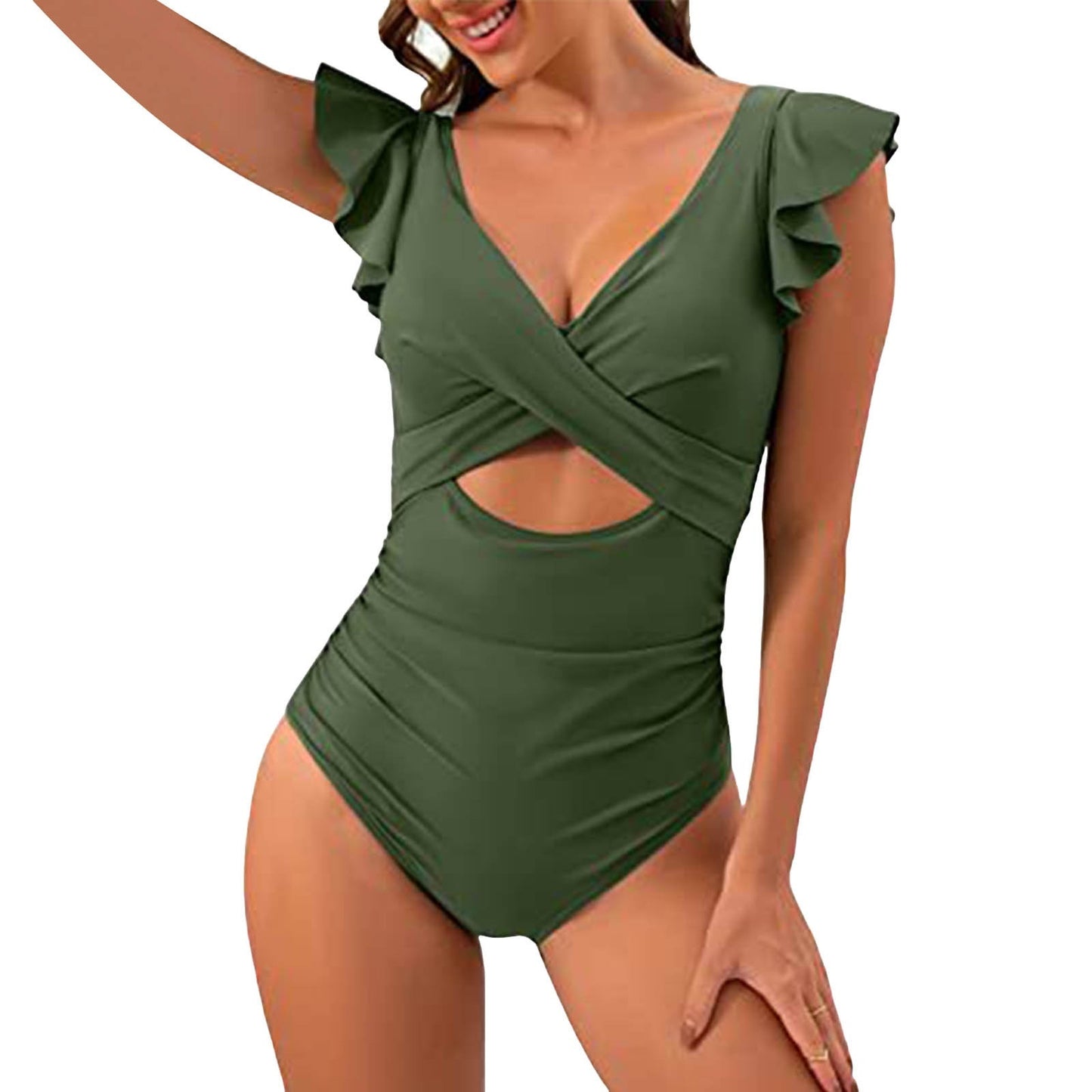 Color Contrast Patchwork Flounce Covered Belly Swimsuit