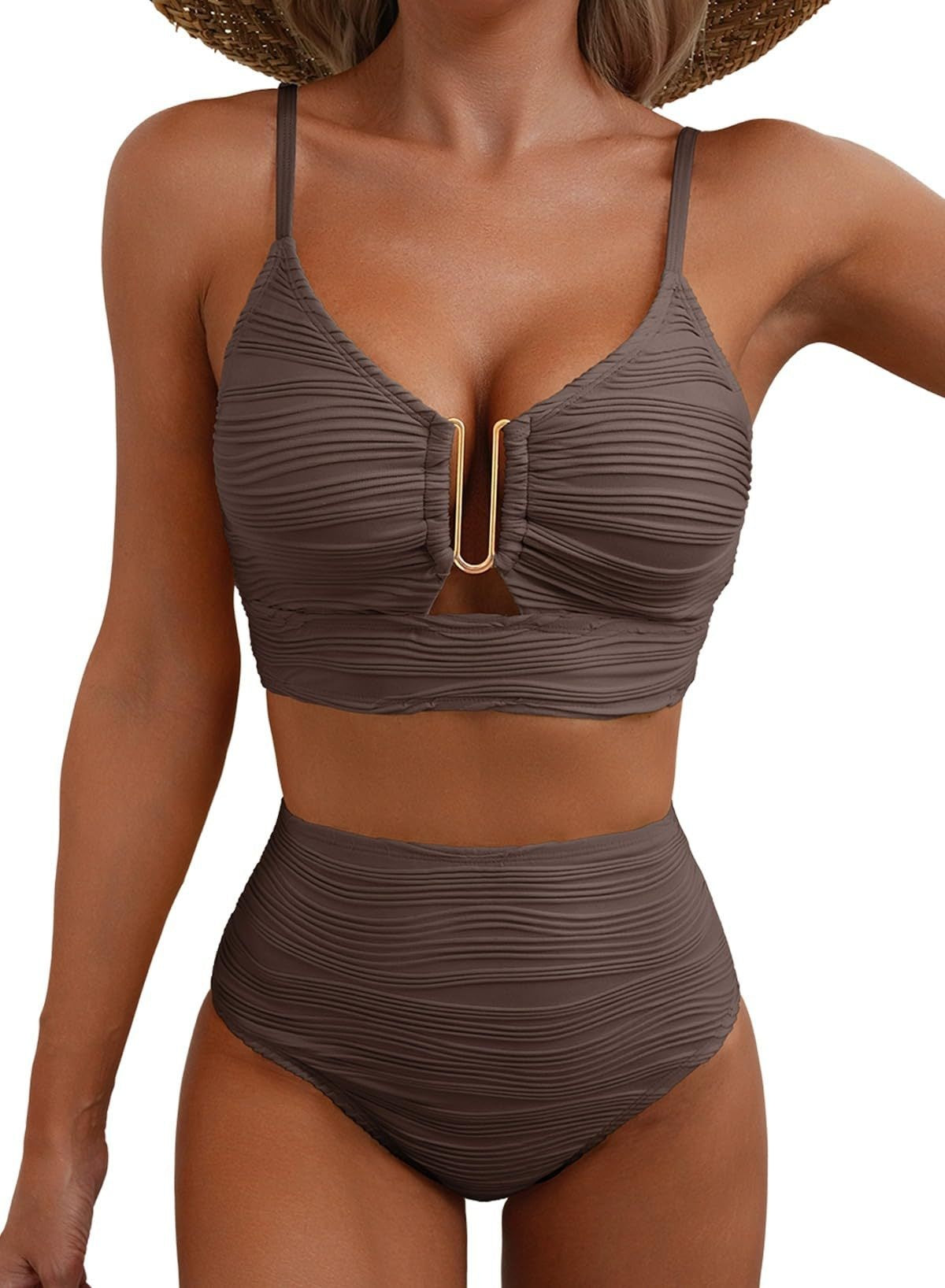 New V-neck Hollow-out Bikini With High-waisted Textured Ruffle Detailing