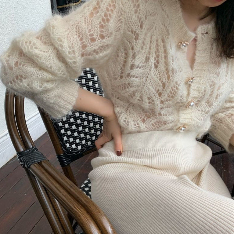 Women's French-style Mohair Hollow-out Thin Knitted Cardigan