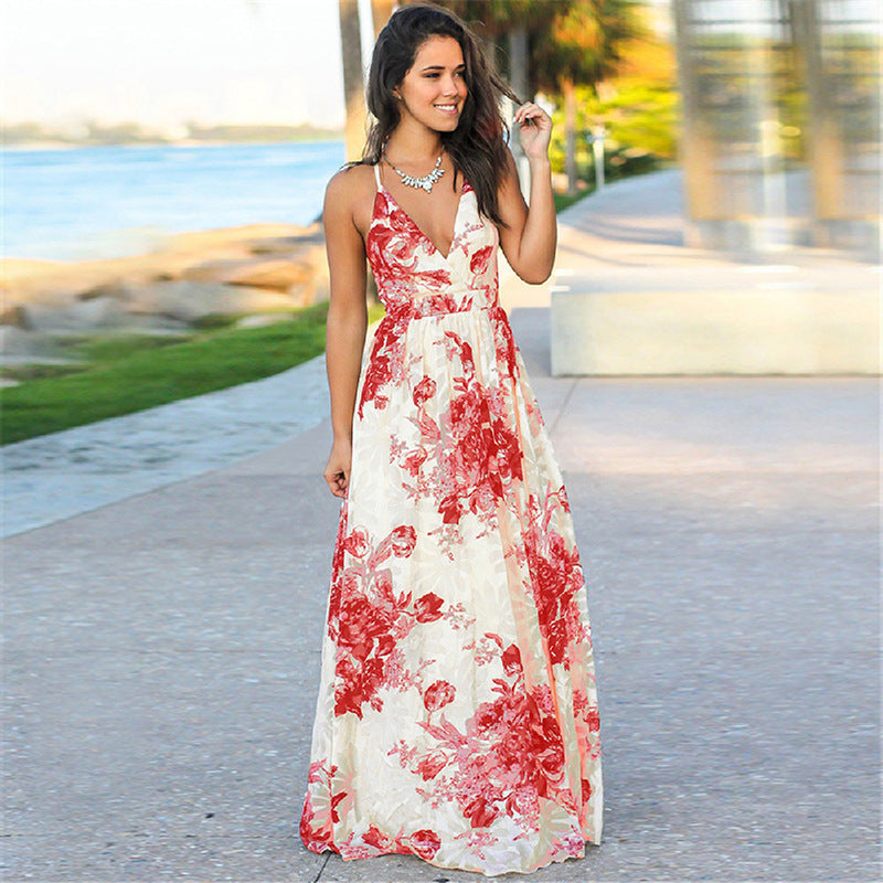 Slim Fitting V-neck Large Floral Flowing Drawstring Long Skirt