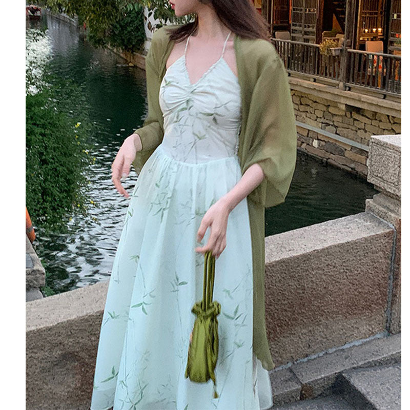 New Chinese Style Halter Spaghetti Straps Temperament Printed Long Dress