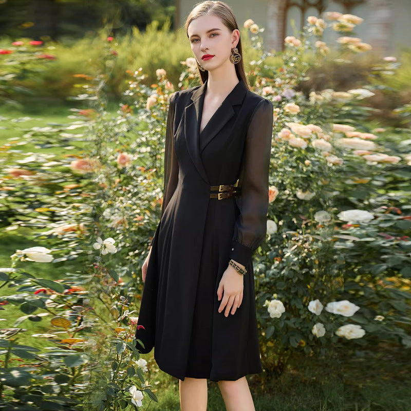 Stylish Black Lace-sleeve Waist-cinched Dress