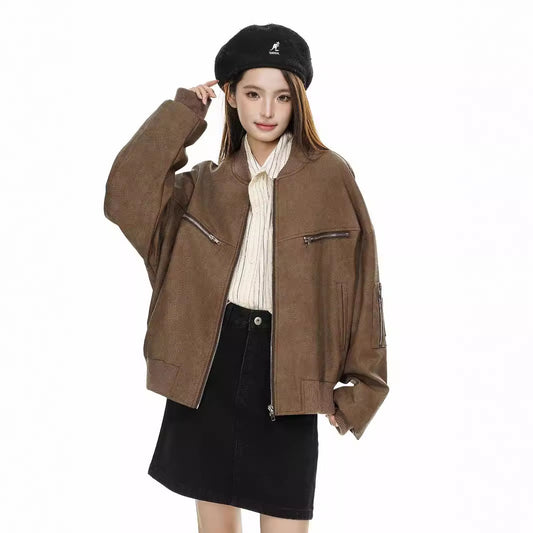 Women's Fashion Casual Imitation Leather Jacket Coat