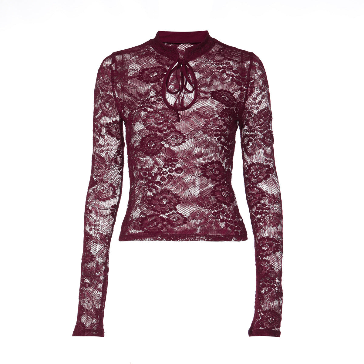 Chic, Sexy Lace Sheer Top With Long Sleeves And Lace-up Detailing