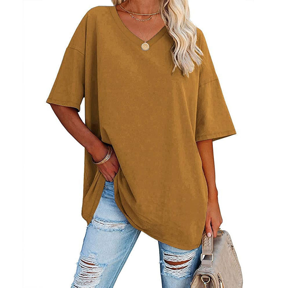 European And American Women's Loose Short-sleeved V-neck T-shirt