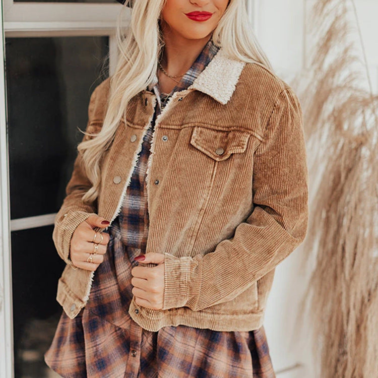 Women's Corduroy Lamb Wool Splicing Coat