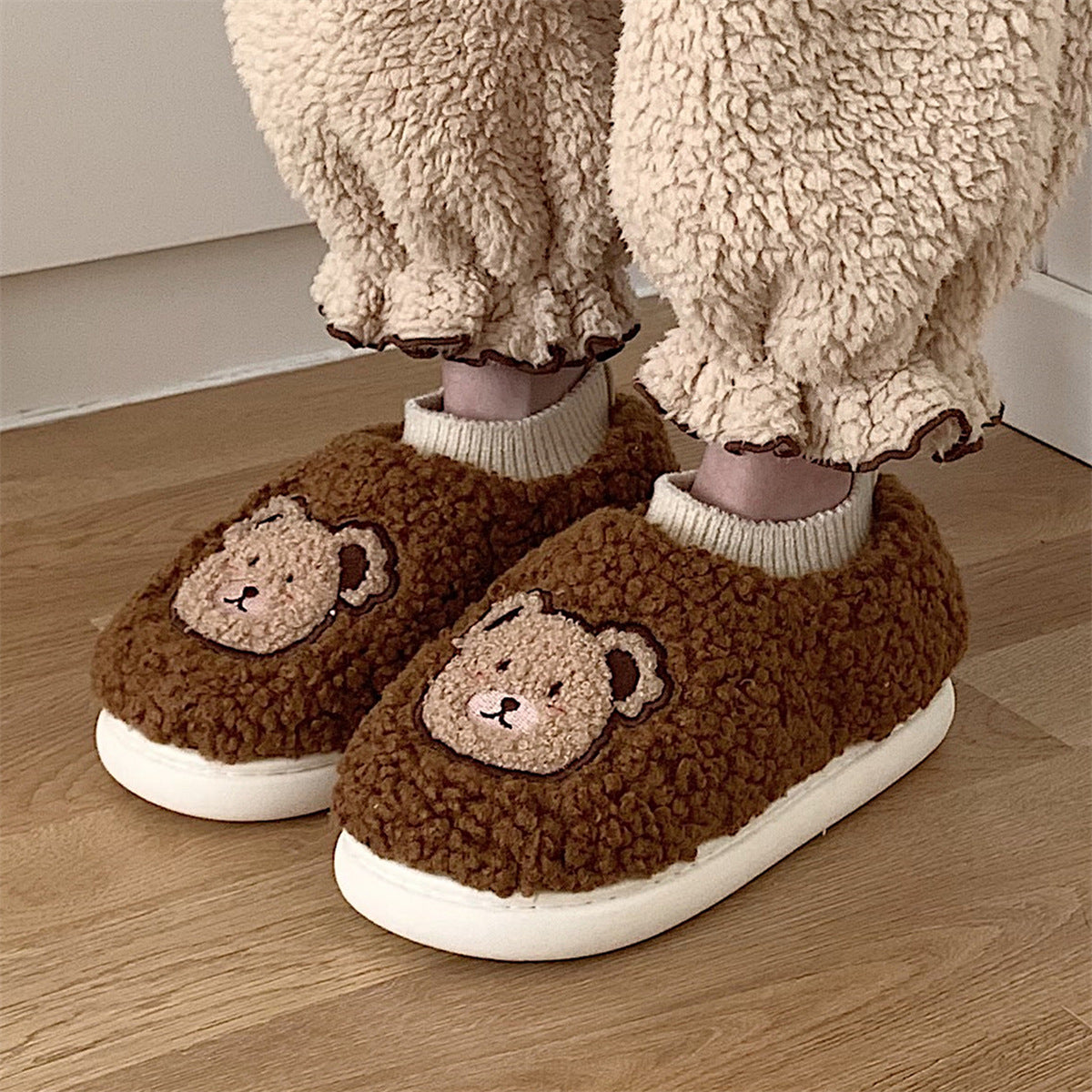Student Dormitory Non-slip Warm Plush Shoes Cartoon Cute Full Heel Wrap Cotton Slippers