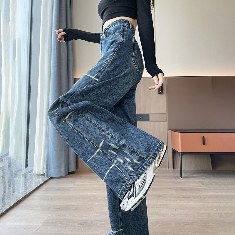 Fleeceforede Ekstra Tykke Unikke Højtaljede Løstsiddende Denim Wide-leg Bukser Til Kvinder
