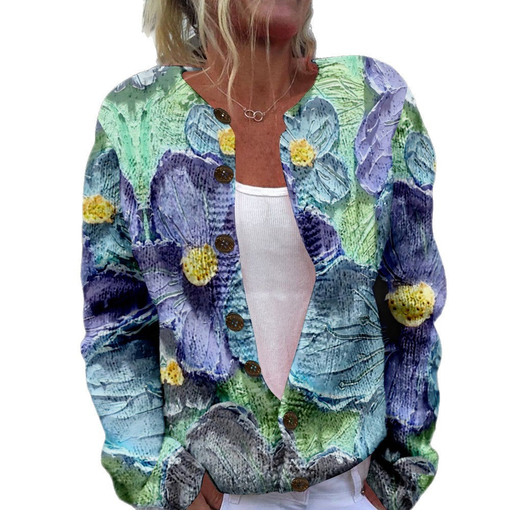Ny strikket cardigan med 3D-print i løs pasform til damer – efterårs- og vinterstil