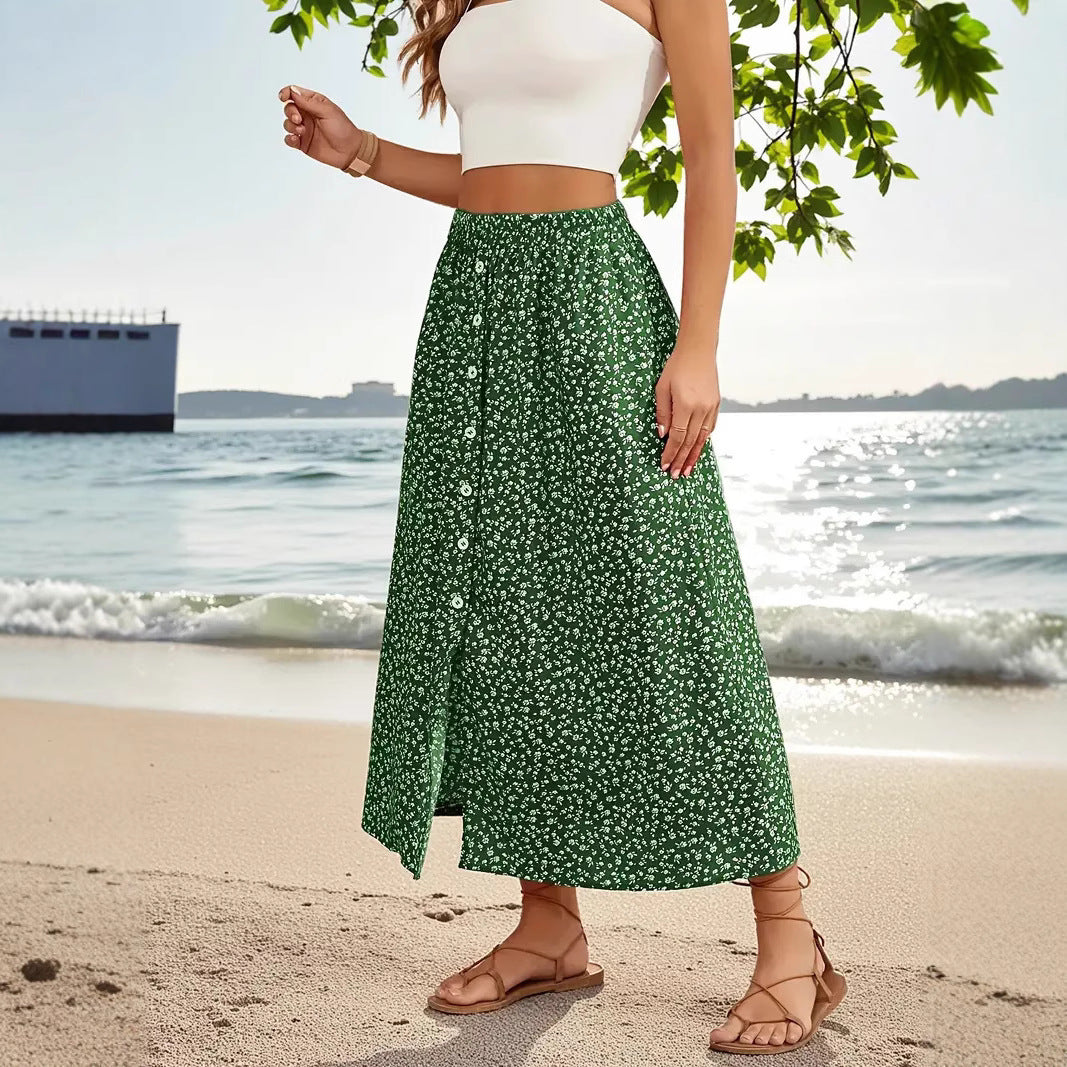 European And American Printed Breasted Self-tie Summer Pastoral A- Line Skirt Advanced Skirt