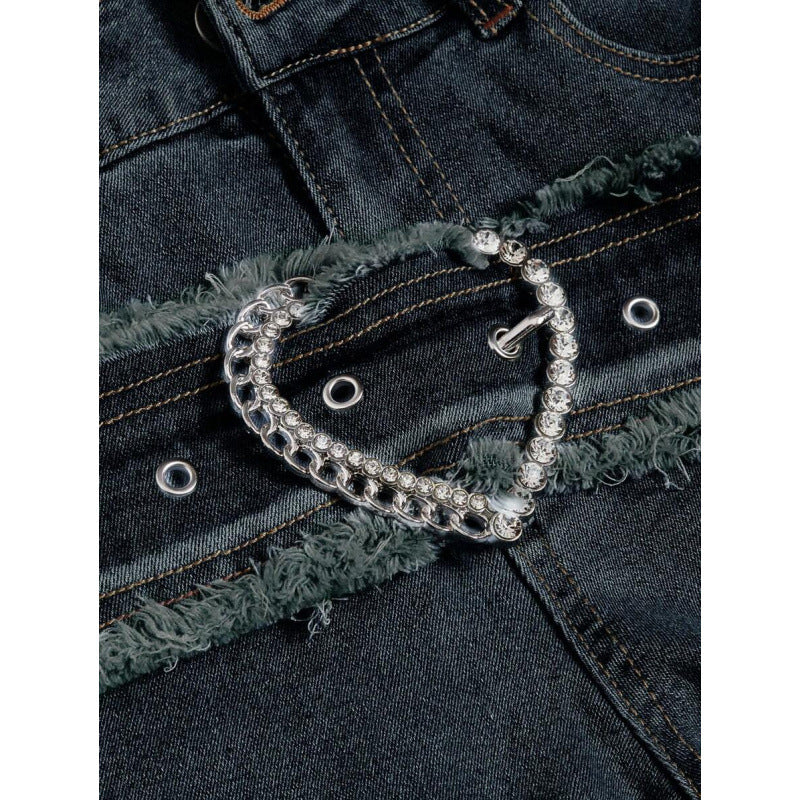 Punk-style Vintage Metal Heart-shaped Belt Frayed-edge Jeans
