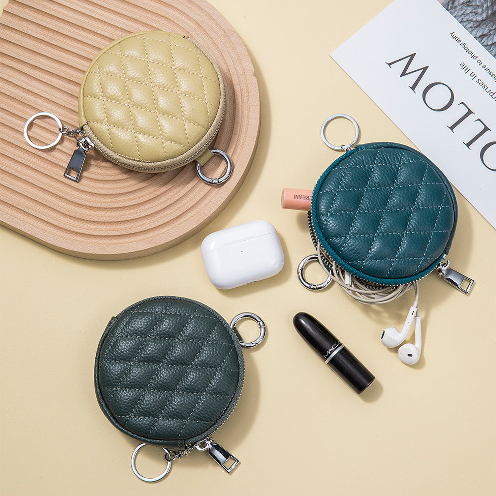Round Rhombus Coin Purse Leather Compact