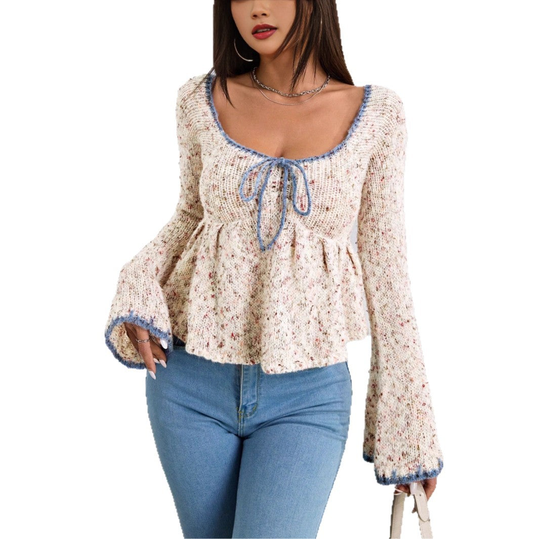 Women's Large V-neck Tie-neck Flared Sleeves Knitted Sweater