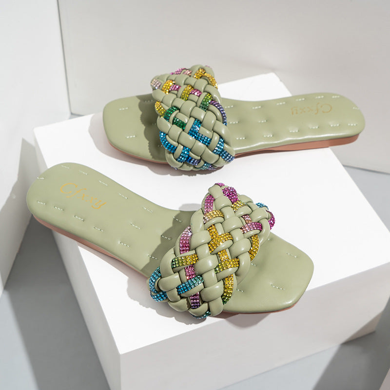 Fashion Square Head Colorful Diamond Embroidery Thread Flat Sandals