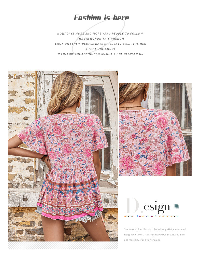 Summer Women's Bohemian Printed Short-sleeved Shirt