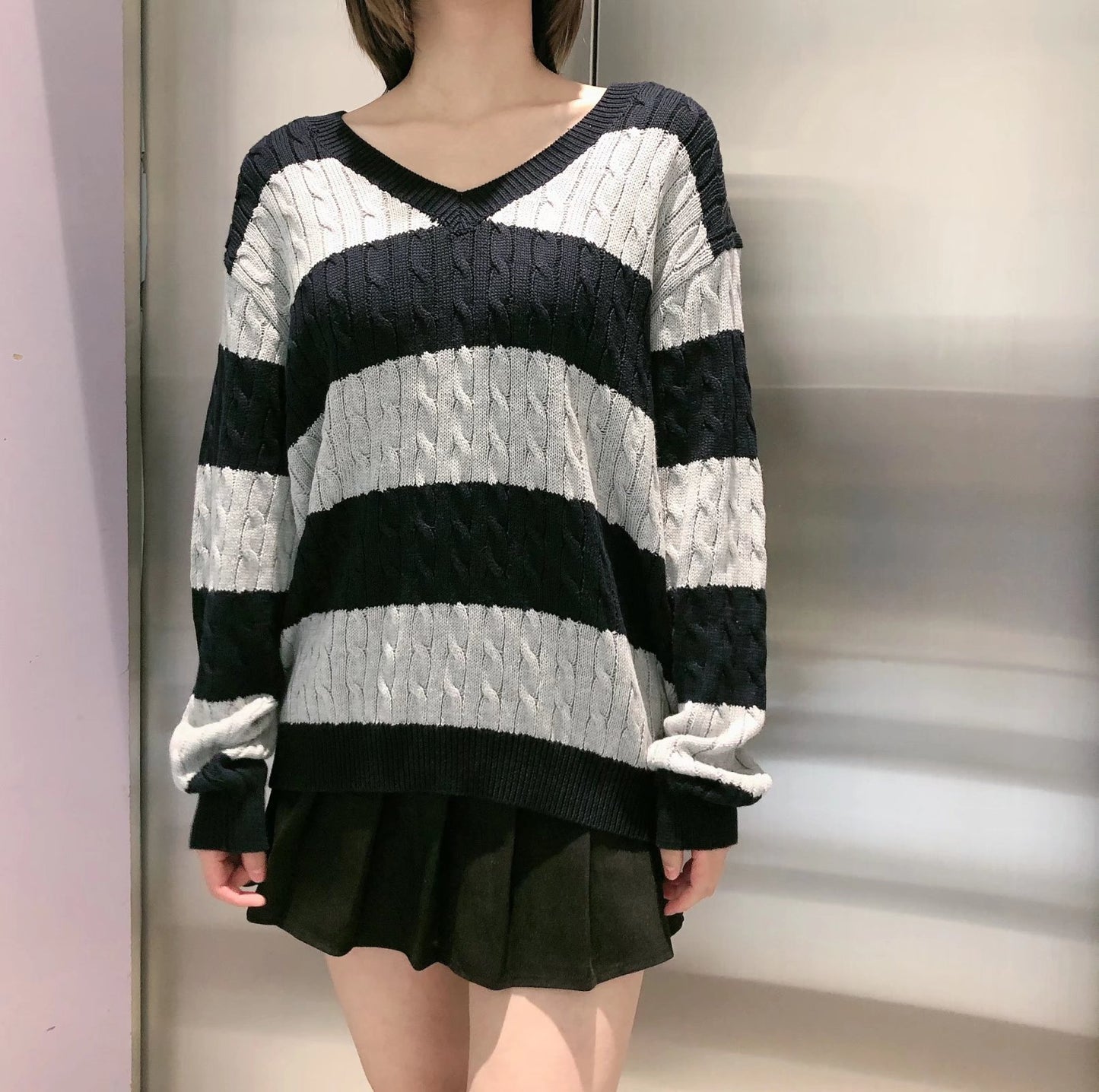 Striped Twist Sweater V-Neck Loose Knit Pullover