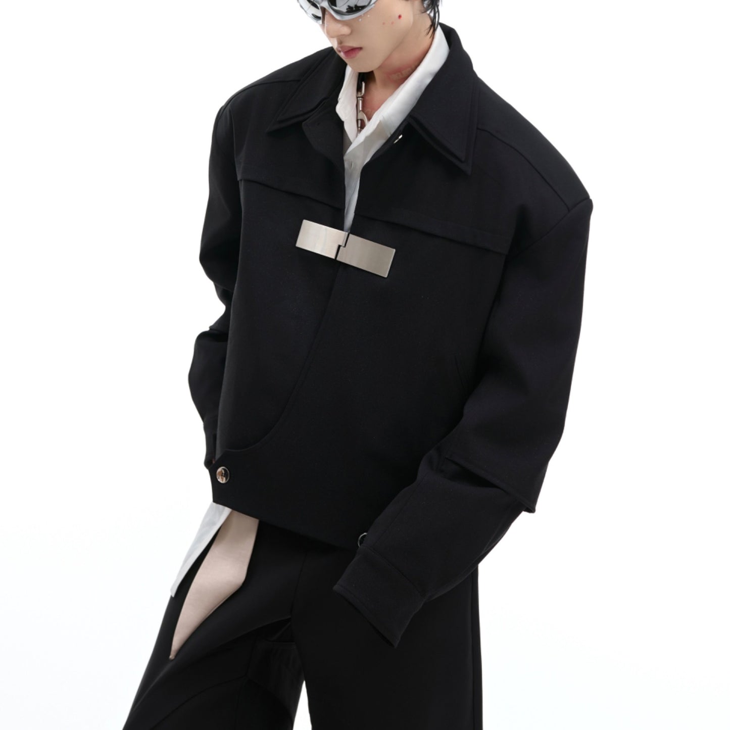 Double-layer Collar Design Black Coat