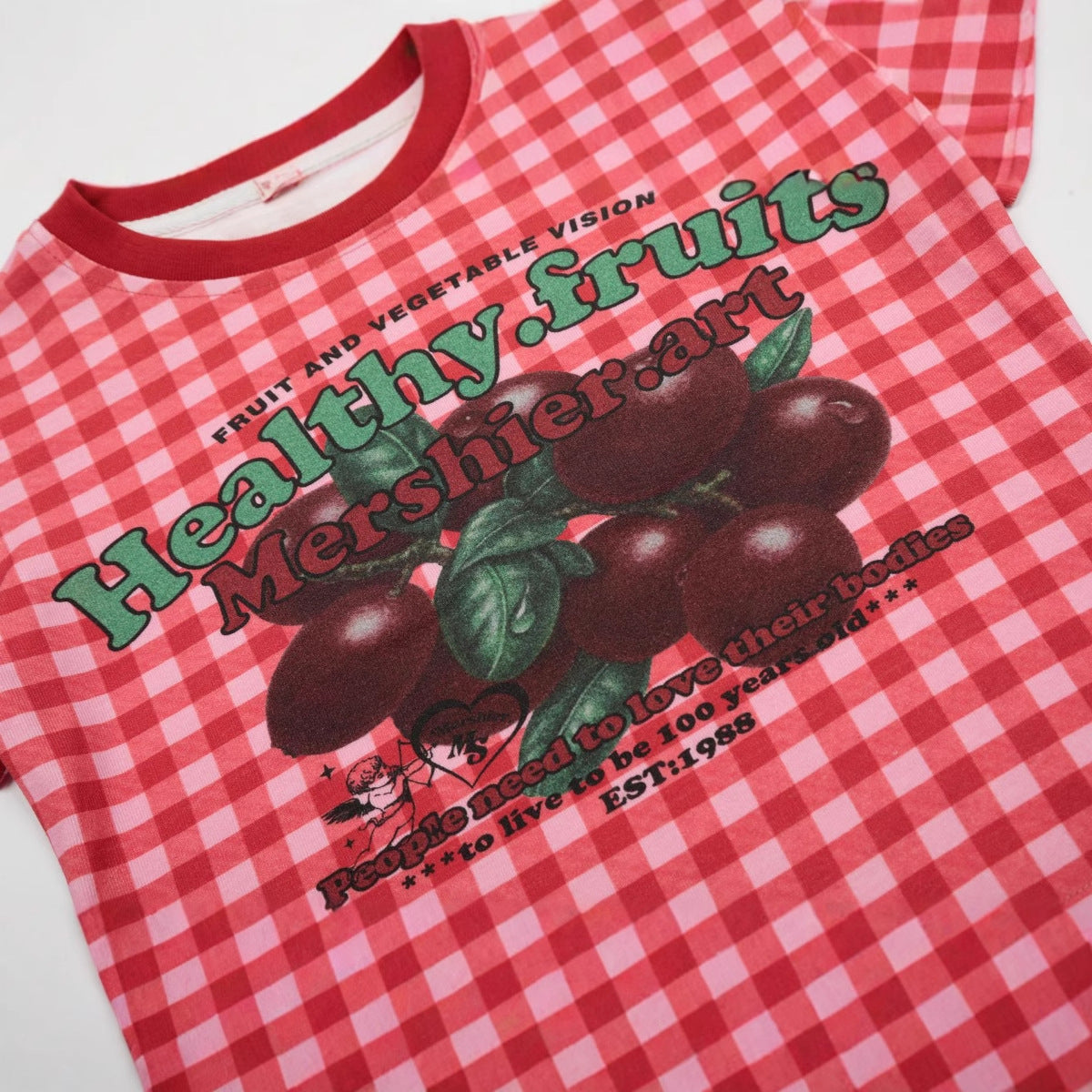 Women's Retro Red Plaid Off-Shoulder Short Sleeve Top With Cherry Print