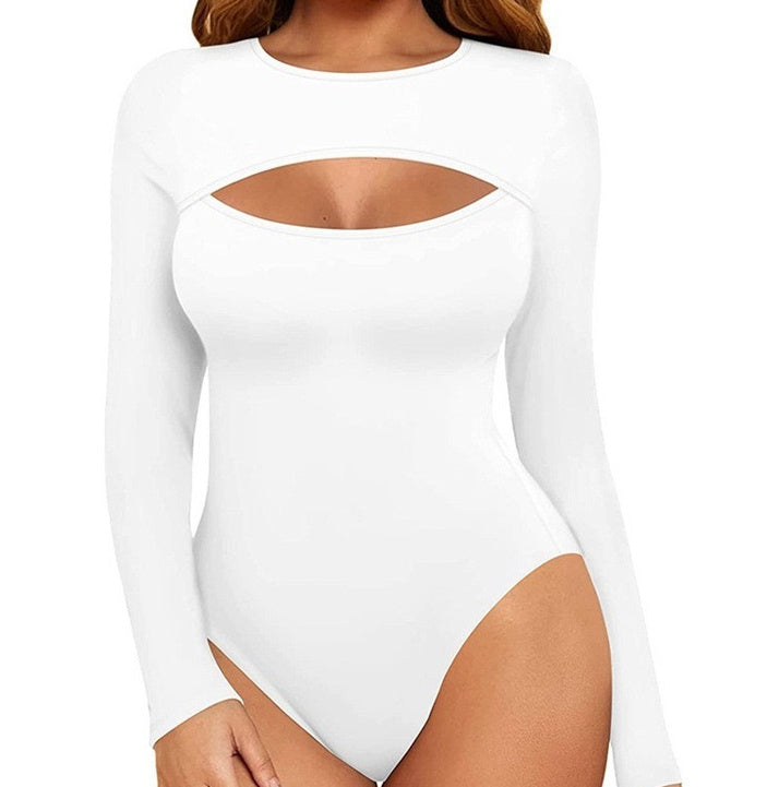 Womens Hollow-out Long-sleeve Top With A Chest-enhancing Design And Matching Jumpsuit