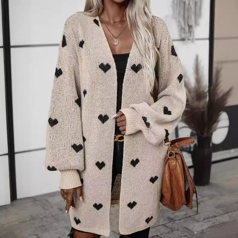 Long Heart Jacquard Sweater Coat