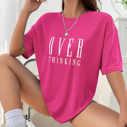 Over Thinking Letter Print Women Cotton Short Sleeve Breatha