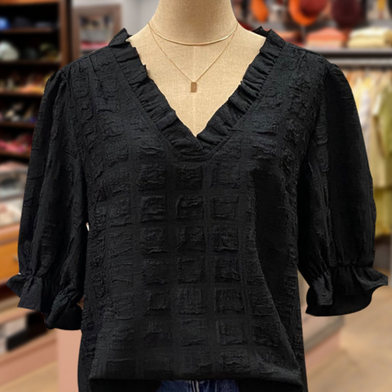 Square Texture Bell Sleeve Shirt V-neck Top