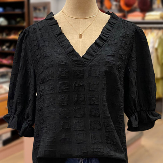 Square Texture Bell Sleeve Shirt V-neck Top