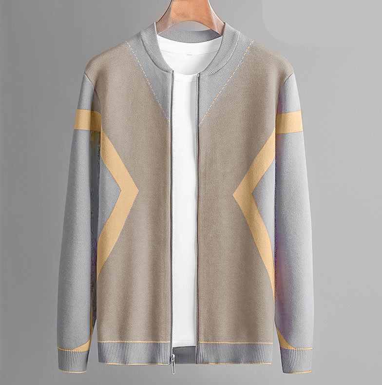 Cardigan Sweater Color Contrast Jacquard Zipper Sweater Coat