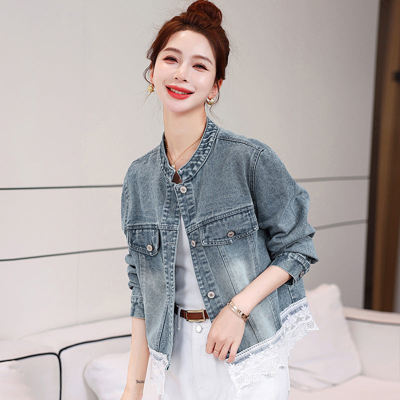 Cappotto di jeans da donna con cuciture in pizzo