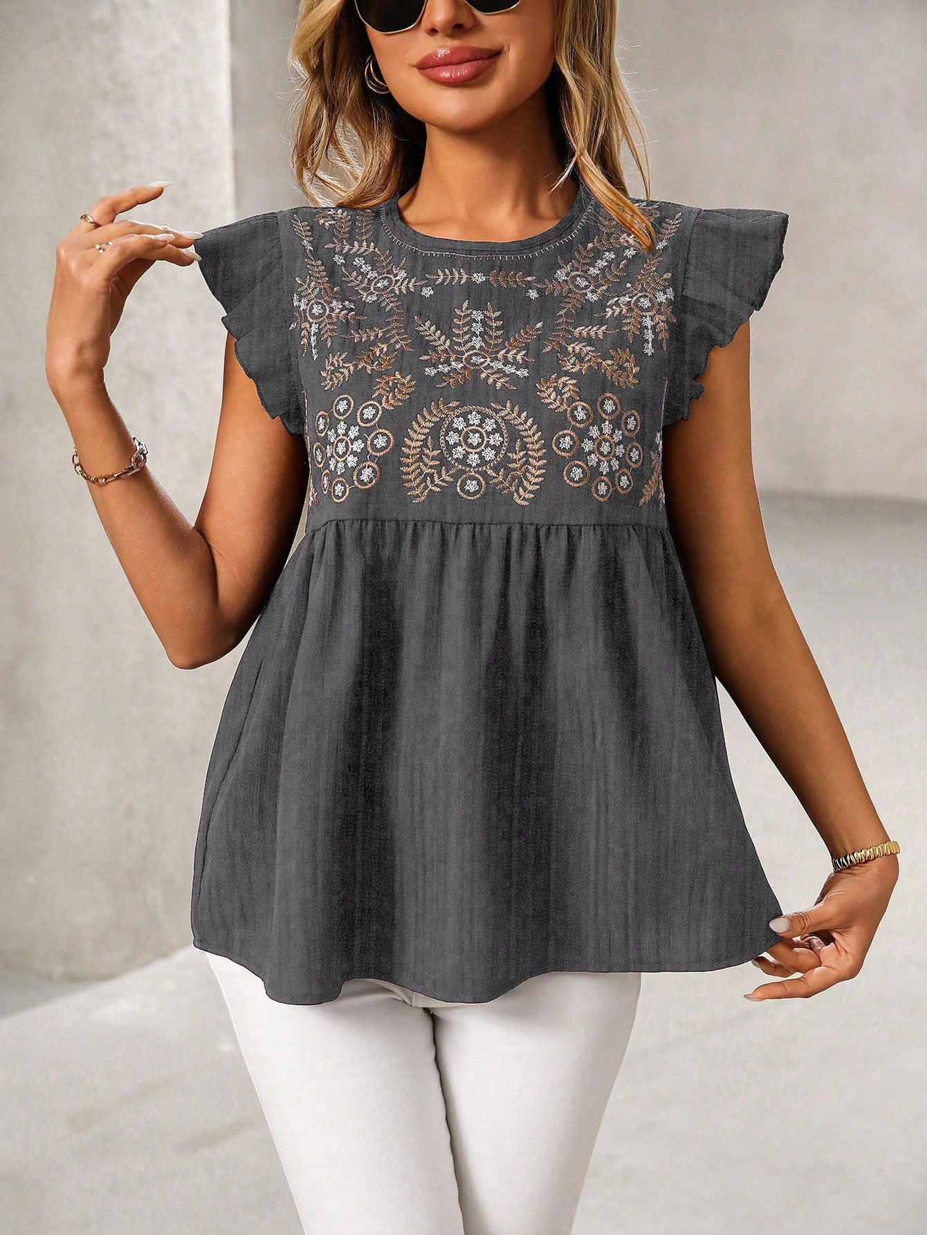 Ethnic Style Embroidered Straight Shoulder Flutter Sleeve Fashion Casual Short Shirt