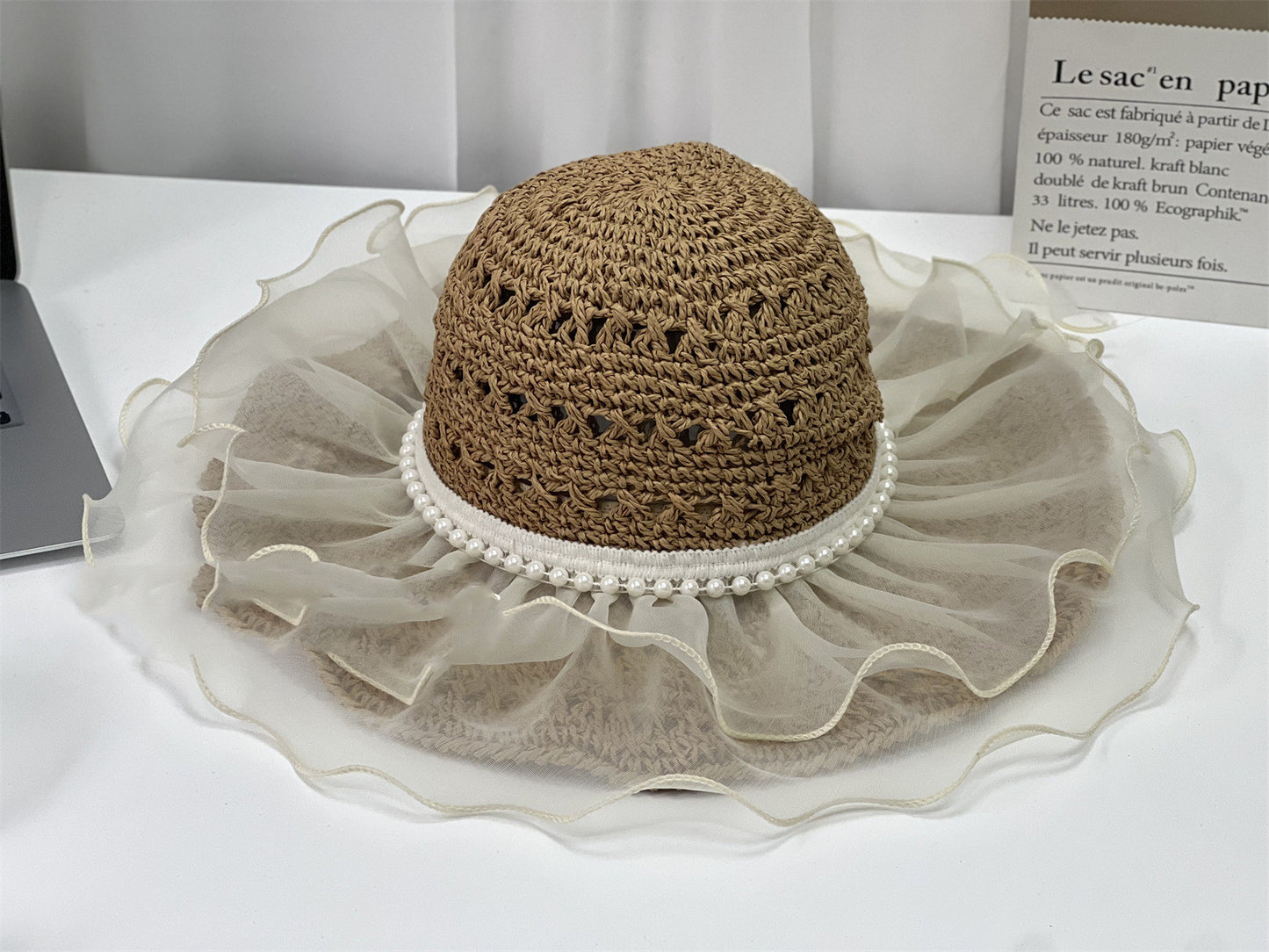 Elegant Pearl Mesh Big Brim Straw Hat Seaside Vacation
