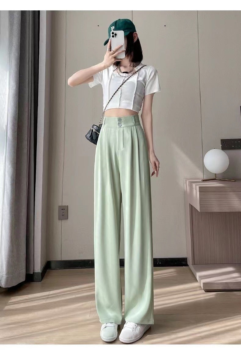 Green Ice Silk Wide-leg Pants Women's Summer Thin High Waist