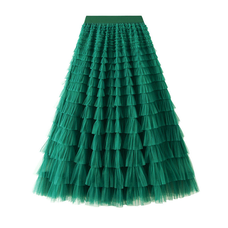 Line Mesh Ruffle Skirt Women's Temperament Sweet Long Skirt Slim Cupcake Dress Womens Clothing