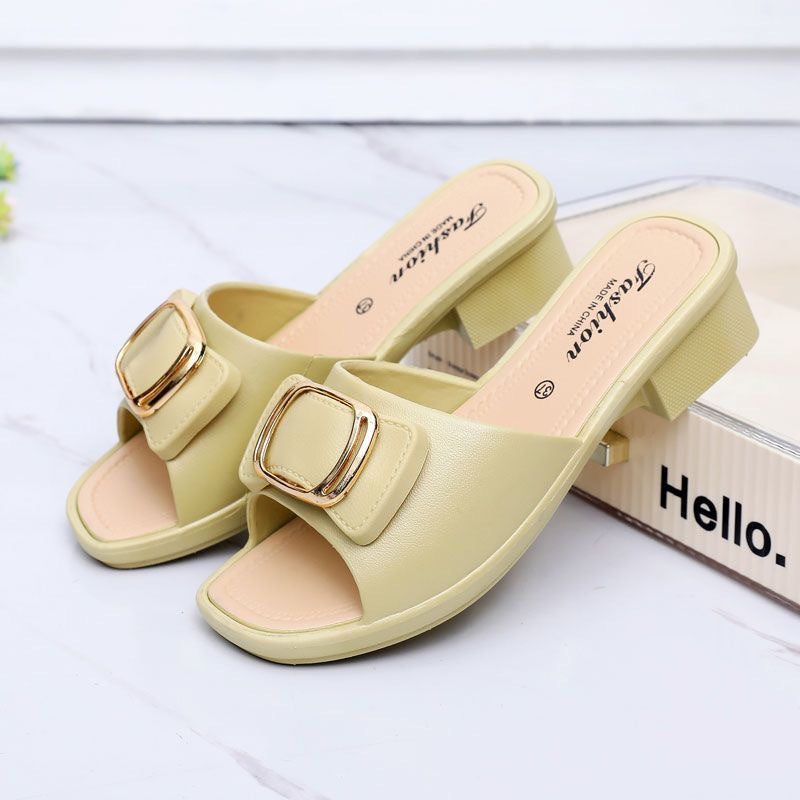 High Heel Slippers Women's Summer Slippers Korean Style Internet Celebrity Buckle Chunky Heel Lady Mom Slippers Outdoor Beach Shoes