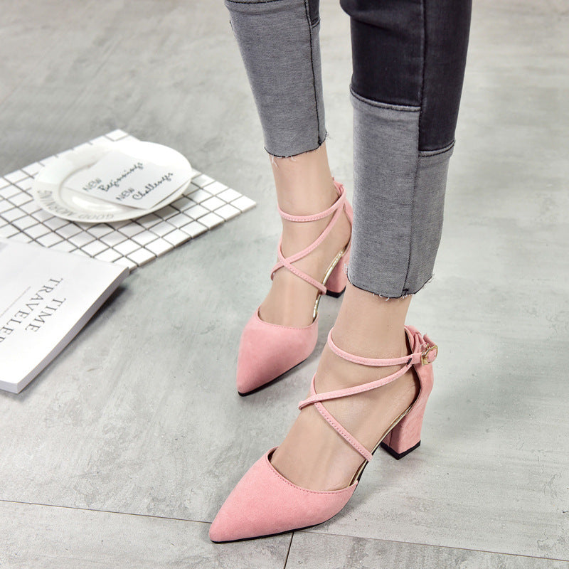 Pointed Suede High-heeled Shoes With A Buckle And Lace-up