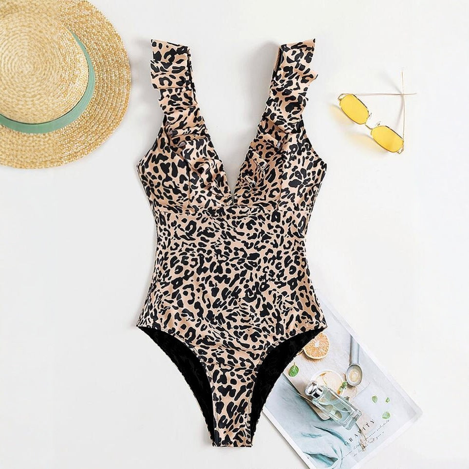 European And American-style Leopard-print Modest Full-Coverage Slimming Womens Ruffled Beach Spa Swimsuit
